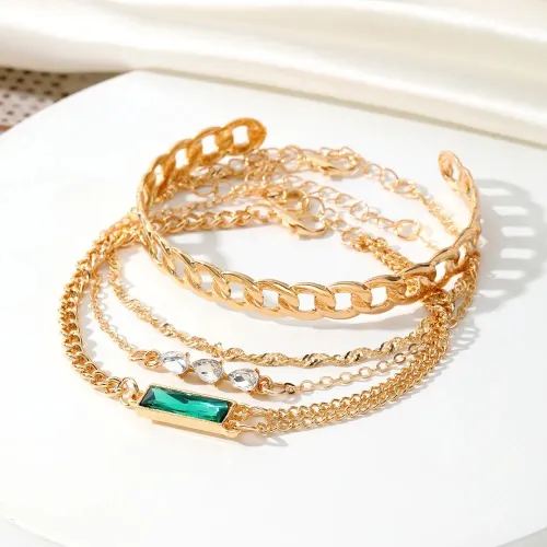 Green Stone Multilayer Vintage Bracelet Set (4 pcs)